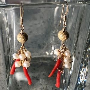 Mediterranean Red Coral Branches Pearls Earrings